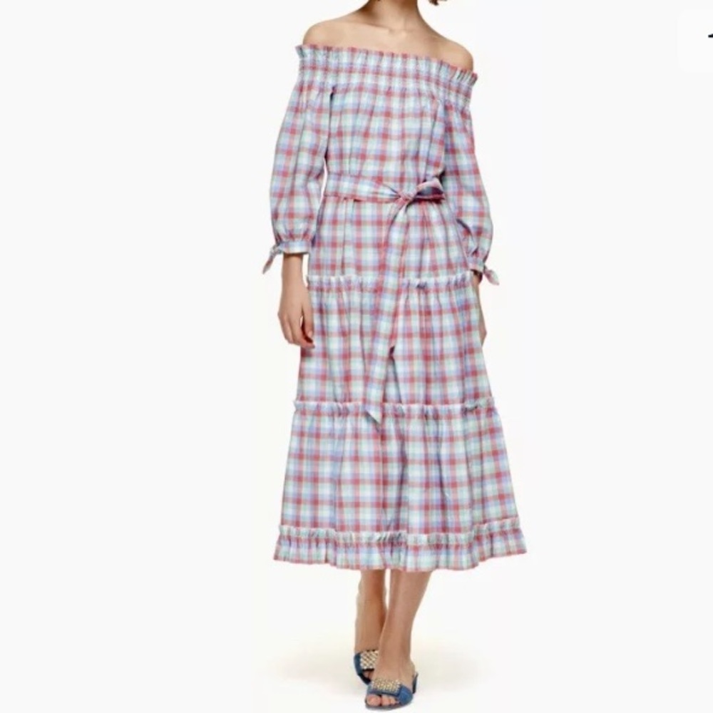 NWT Madras Off-Shoulder, Midi Dress w/Belt